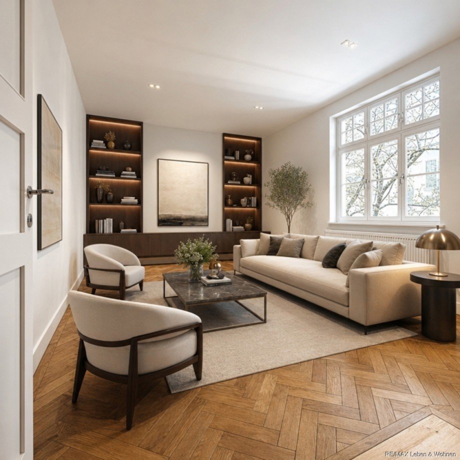 Wohnzimmer KI gestaltet. Bild Etagenwohnung M�nchen