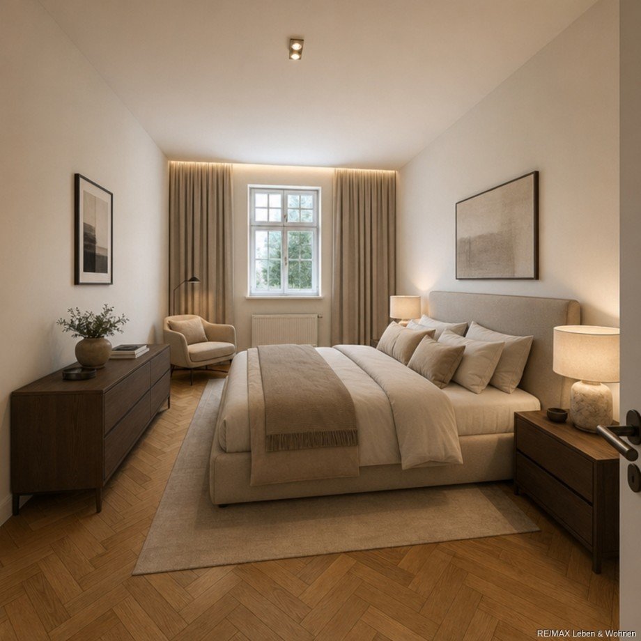 Schlafzimmer KI gestaltet Etagenwohnung M�nchen